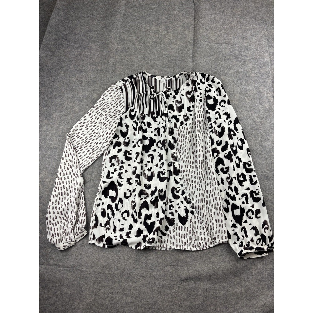 Cabi Women's M Mixed Animal Print Chiffon Blouse Snap Front Tie Detail Sheer